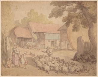 A Man Herding Sheep; Figures to the Left; Farmbuildings in the Background
