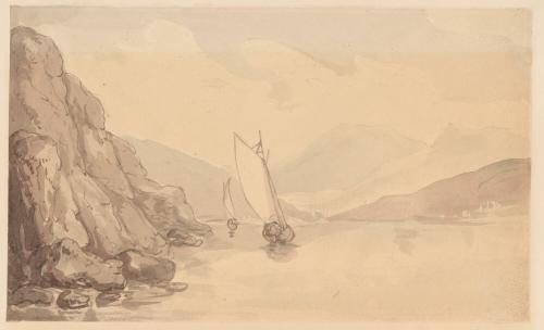 Two Sailboats on a Lake, Rocky Bank to Left