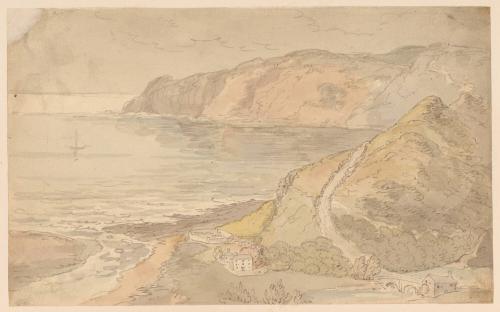 Coastal View from a Bluff, a House in Center Foreground, Bridge and House to Right