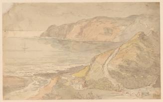 Coastal View from a Bluff, a House in Center Foreground, Bridge and House to Right