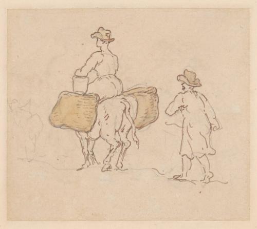 A Woman Seated on an Ox with Side Baskets, Followed by a Man