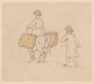 A Woman Seated on an Ox with Side Baskets, Followed by a Man