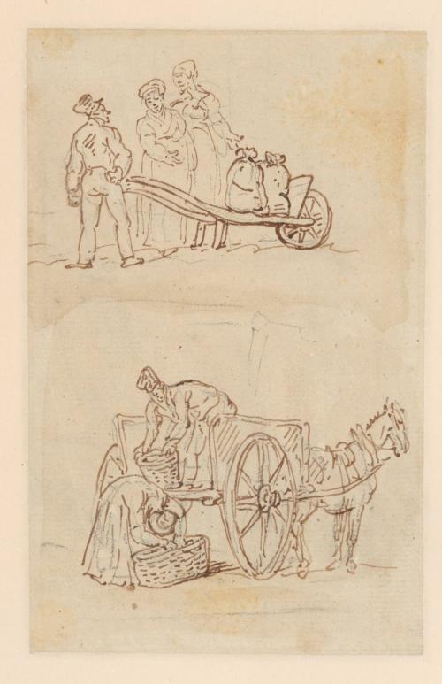 Two Sketches: [top] A Man and Two Women with a Wheel Barrow, [bottom] A Man and a Woman with a Market Cart