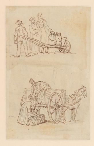 Two Sketches: [top] A Man and Two Women with a Wheel Barrow, [bottom] A Man and a Woman with a Market Cart