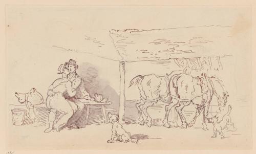 Stable Scene with Embracing Couple, Two Horses, and Two Dogs