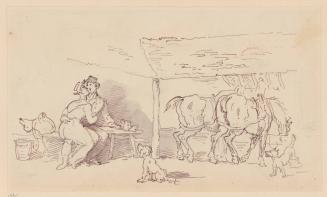Stable Scene with Embracing Couple, Two Horses, and Two Dogs