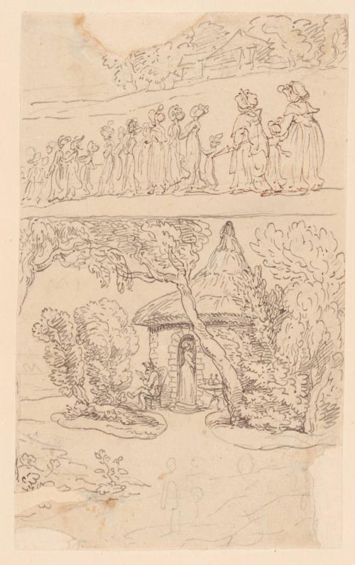A Procession, and a Round, Thatched Building