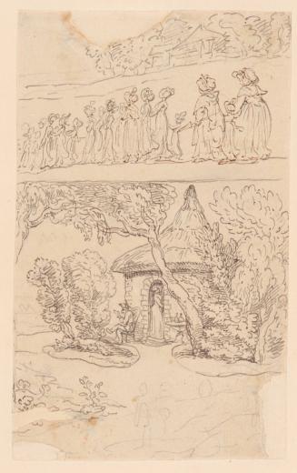 A Procession, and a Round, Thatched Building