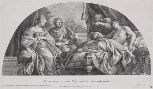 Antiochus in bed at right while his doctor Erasistratur checks his pulse, Stratonice and Seleucus look on from the left