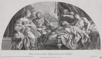Antiochus in bed at right while his doctor Erasistratur checks his pulse, Stratonice and Seleucus look on from the left