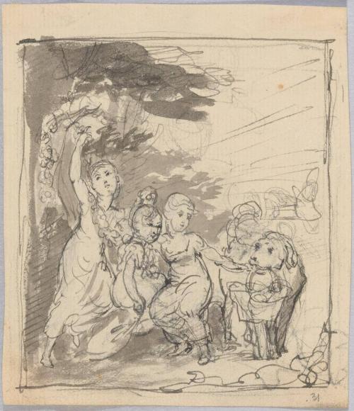 Three Children and a Dog Gathering Fruit
