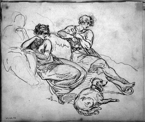 Three Seated Figures and a Dog