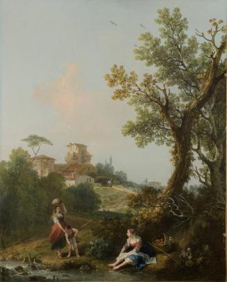 Wooded Landscape with a Stream and Two Women with a Boy Fishing