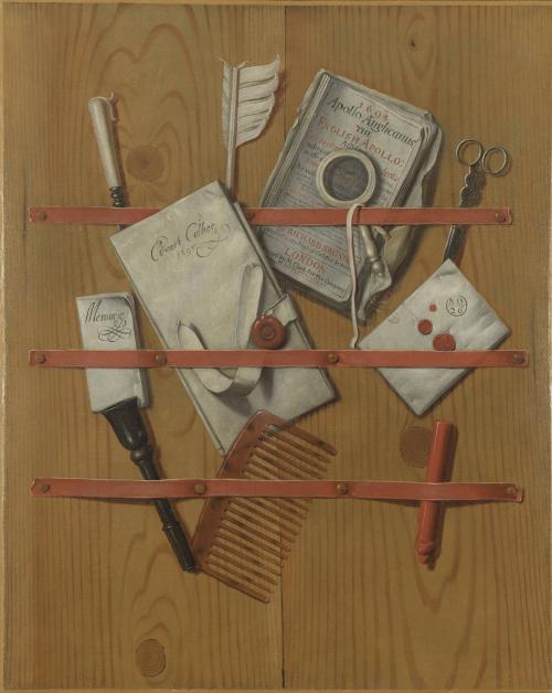 A Trompe l'oeil of Letters, a Newspaper, a Quill, a Magnifying Glass, and Other Objects Assembled Behind Ribbons Upon Wooden Boards