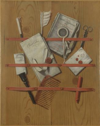A Trompe l'oeil of Letters, a Newspaper, a Quill, a Magnifying Glass, and Other Objects Assembled Behind Ribbons Upon Wooden Boards
