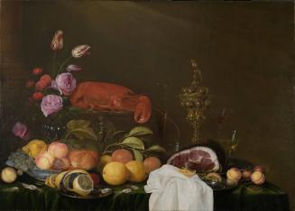 Still Life with a Vase of Roses and Tulips, a Ham on a Pewter Plate, Glassware, a Lobster and Fruit on a Ledge